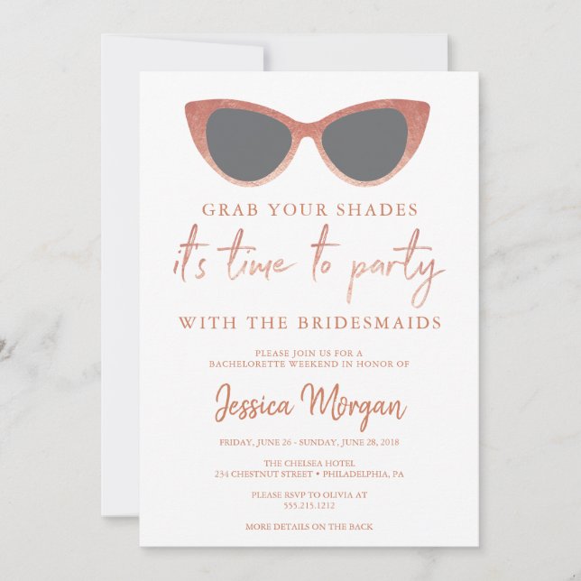 Bachelorette Weekend Itinerary Cateye Sunglasses Invitation (Front)