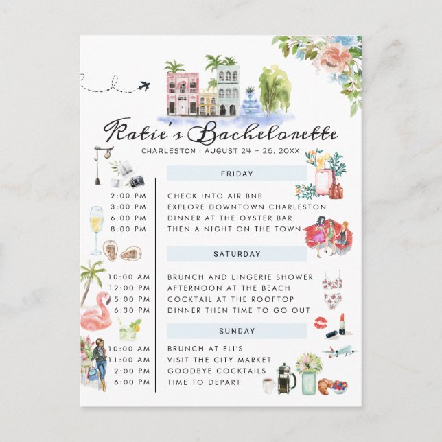 Bachelorette Weekend Itinerary | Charleston, SC Invitation Postcard (Front)