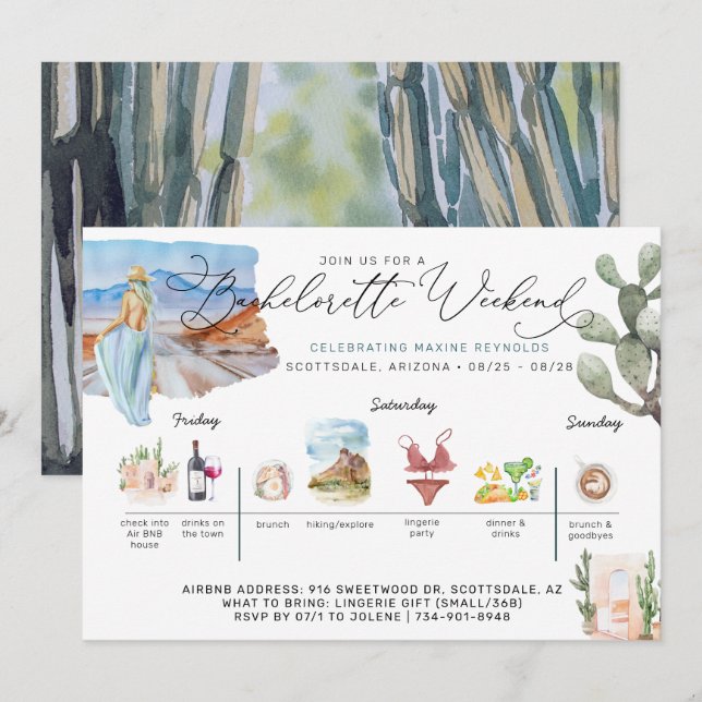 Bachelorette Weekend Itinerary | Desert Cactus Invitation (Front/Back)