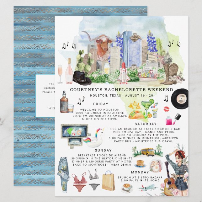 Bachelorette Weekend Itinerary | Houston, Texas Invitation (Front/Back)
