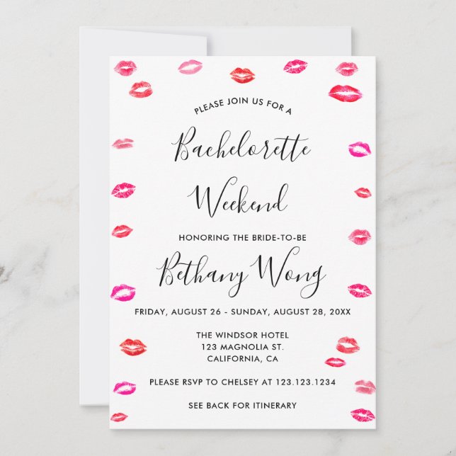 Bachelorette Weekend Itinerary Kiss Lipstick Invitation (Front)