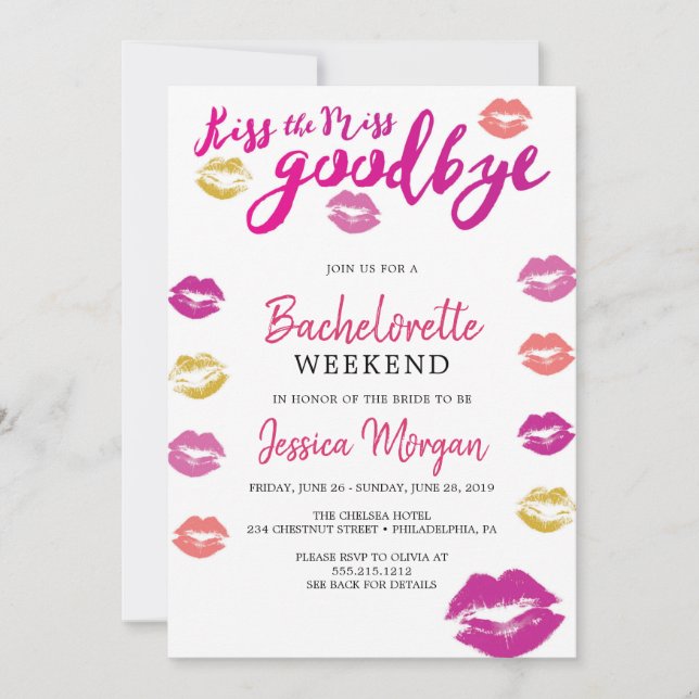 Bachelorette Weekend Itinerary Kiss The Miss Invitation (Front)