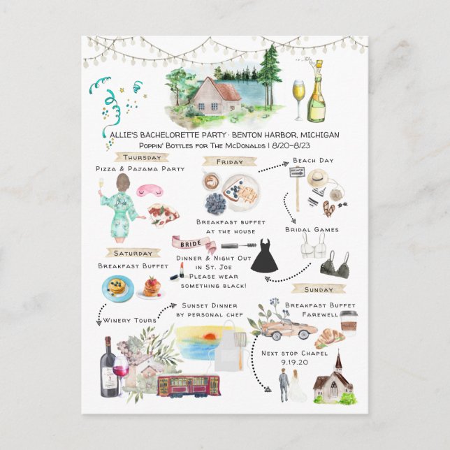 Bachelorette Weekend Itinerary | Lake Michigan Invitation Postcard (Front)