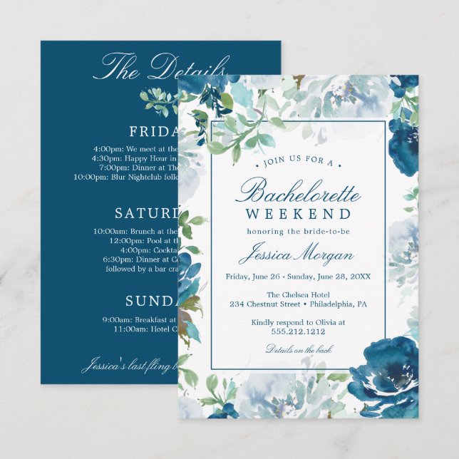 Bachelorette Weekend Itinerary Navy Invitation (Front/Back)