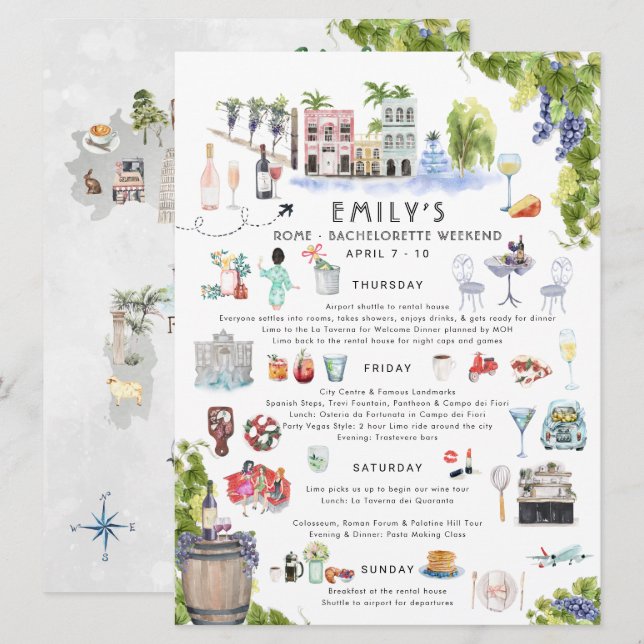 Bachelorette Weekend Itinerary | Rome, Italy Invitation (Front/Back)