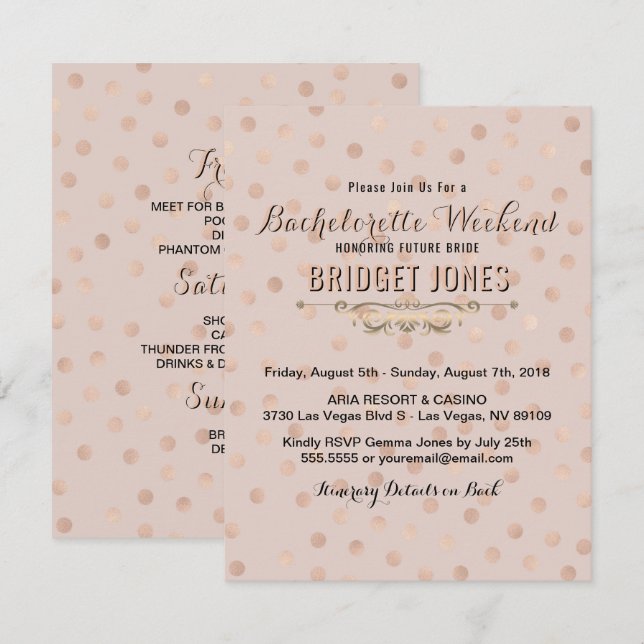 Bachelorette Weekend Itinerary Rose Gold Confetti Invitation (Front/Back)
