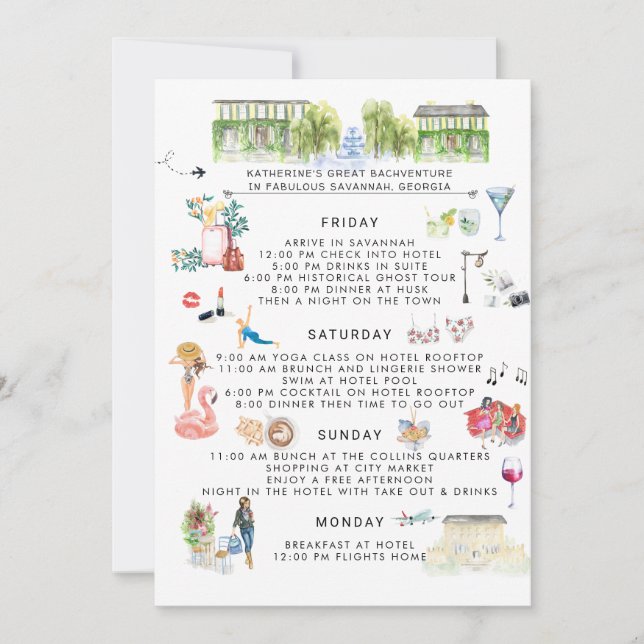 Bachelorette Weekend Itinerary | Savannah, Georgia Invitation (Front)