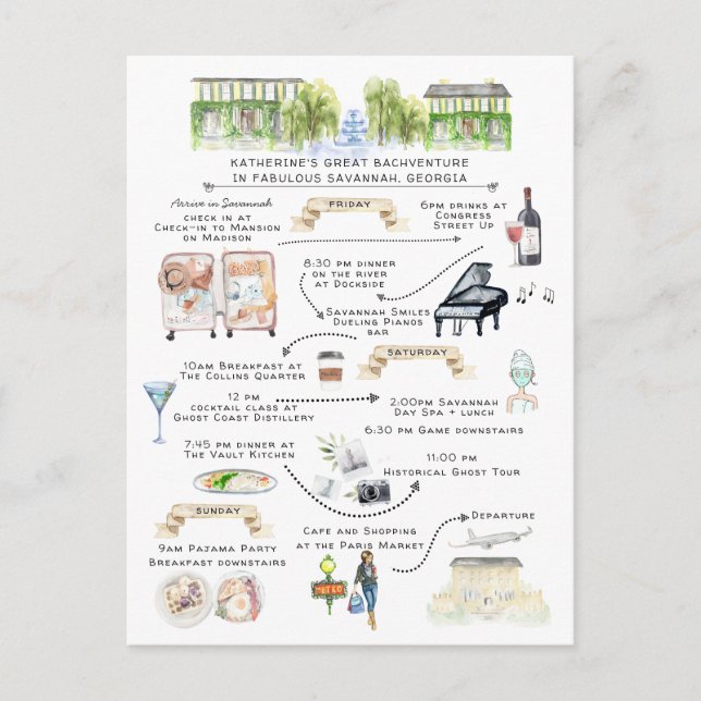 Bachelorette Weekend Itinerary | Savannah, Georgia Invitation Postcard (Front)