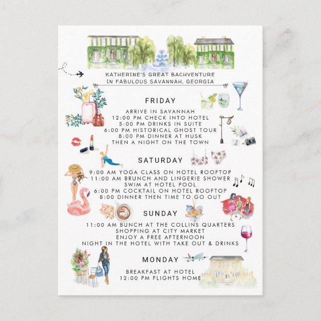 Bachelorette Weekend Itinerary | Savannah, Georgia Invitation Postcard (Front)