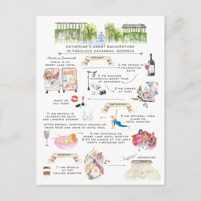 Bachelorette Weekend Itinerary | Savannah, Georgia Invitation Postcard (Front)