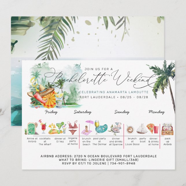 Bachelorette Weekend Itinerary | Tropical Palm Invitation (Front/Back)