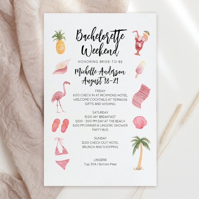 Bachelorette Weekend Itinerary Watercolor Beach (Watercolor Beach Bachelorette Weekend Itinerary Invite)