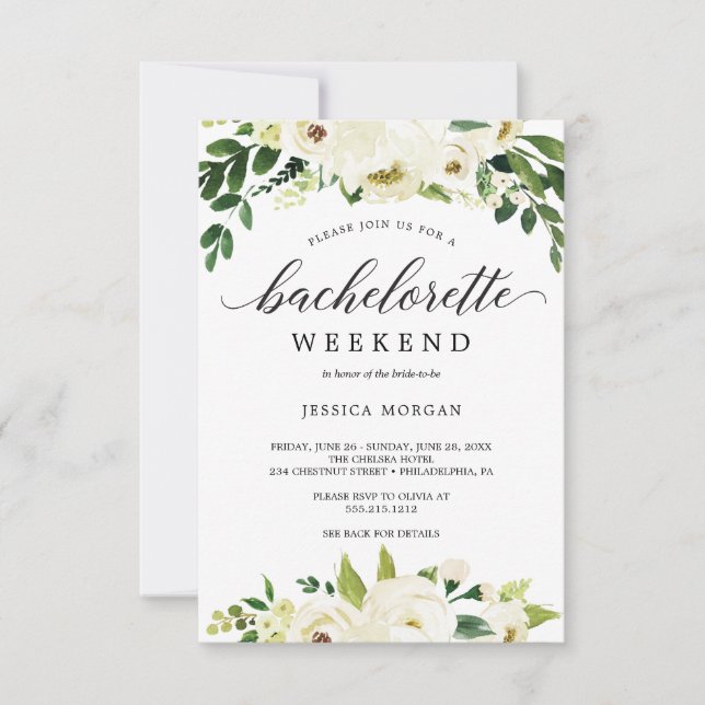 Bachelorette Weekend Itinerary White Roses Invitation (Front)