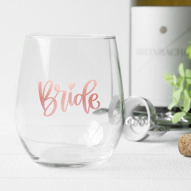 Bachelorette Weekend Party Favour Personalised Stemless Wine Glass (stemless wine glass for wedding that says bride in pretty rose gold glitter script)