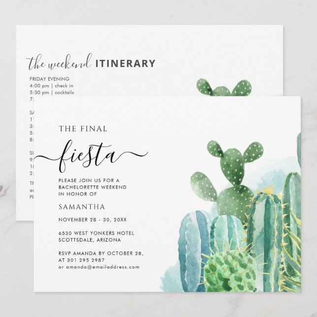 Bachelorette Weekend Party Itinerary Cactus Plants Invitation (Front/Back)