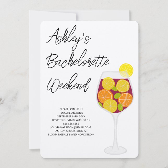 Bachelorette Weekend Sangria Cocktail Glass Invitation (Front)