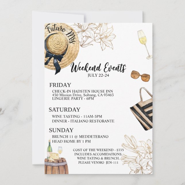 Bachelorette, wine bachelorette, weekend itinerary save the date (Front)
