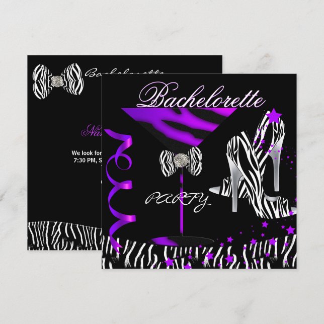 Bachelorette Zebra Purple Cocktail Invitation (Front/Back)