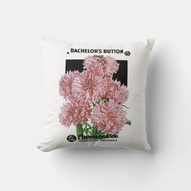 Bachelors Buttons Seed Packet Label Cushion (Front)