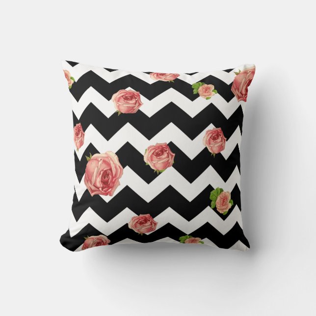 Back and white Chevron  roses Throw Pillow (Front)