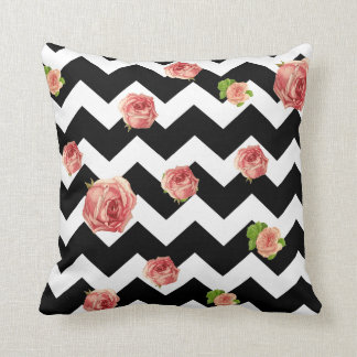 Back and white Chevron  roses Throw Pillow
