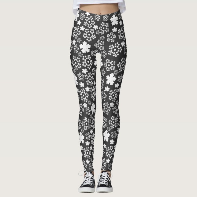 Back and White Star and Snowflakes Winter Pattern Leggings (Front)
