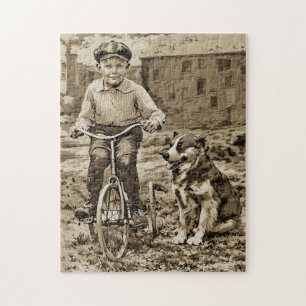 Back In The Day Boy on Bike With Dog Jigsaw Puzzle