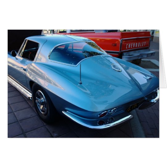 Back of a Classic Sky Blue Chevy Stingray Corvette Card