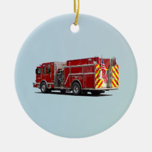 Back of Fire Engine With American Flag Ceramic Tree Decoration