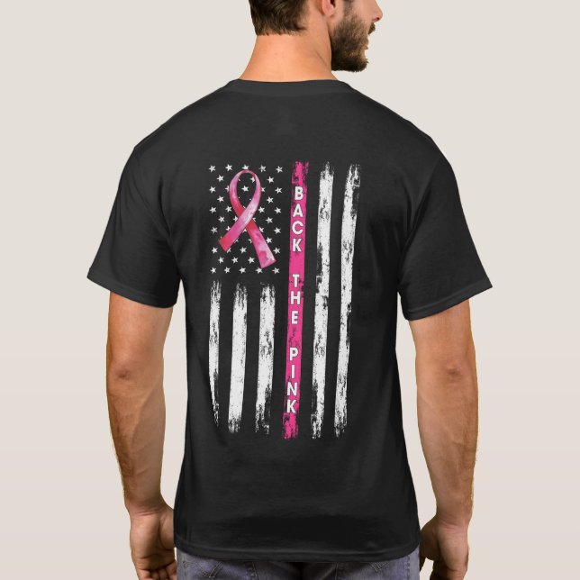 Back The Pink Ribbon American Flag Breast Cancer T-Shirt (Back)