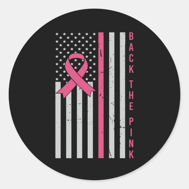 Back The Pink USA Flag Breast Cancer Awareness Classic Round Sticker (Front)