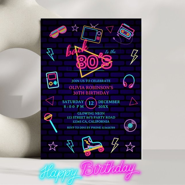 Back to 80s Retro Neon Birthday Party Invitation (Creator Uploaded)