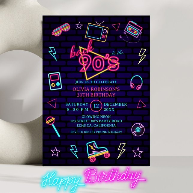 Back to 90s Retro Neon Birthday Party Invitation (Creator Uploaded)