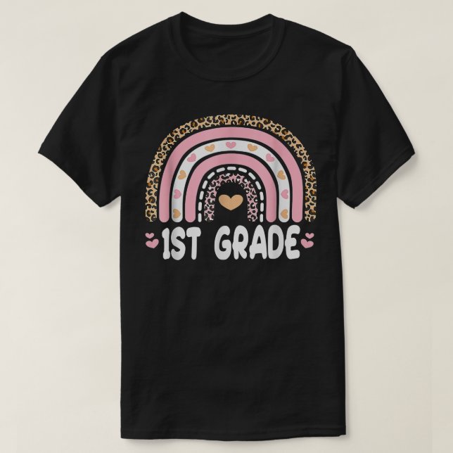 Back To School 1st Grade Rainbow Leopard Pink Hear T-Shirt (Design Front)