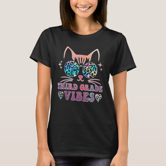 Back To School 3rd Grade Vibes Leopard Tie Dye Cat T-Shirt (Front)