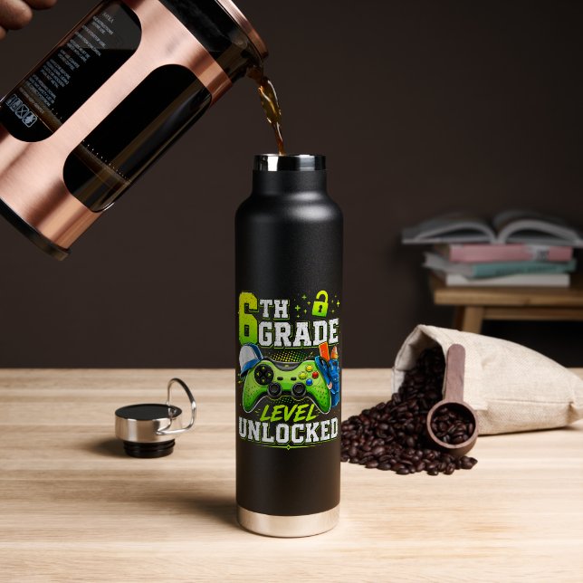 Back to School 6th Sixth Grade Level Unlocked Water Bottle (Coffee (Rotated))