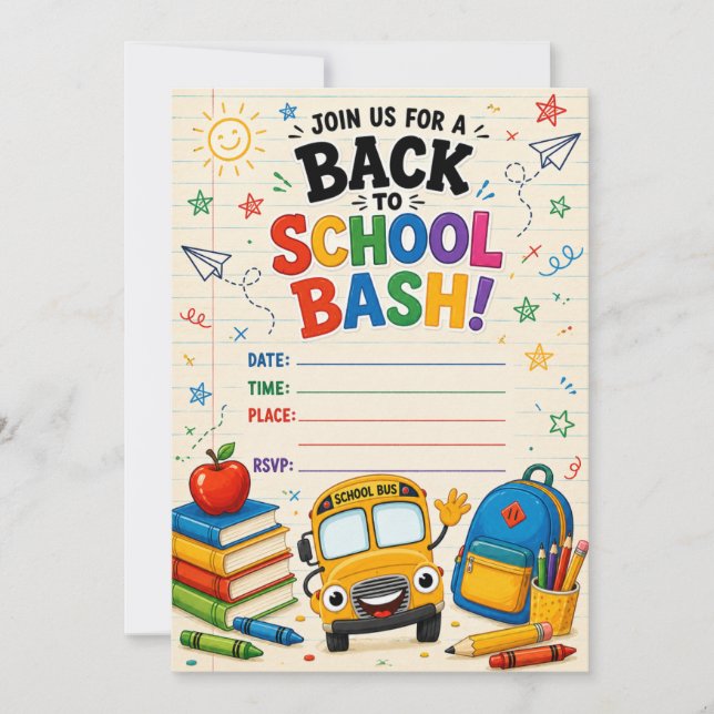 Back to School Bash Bus and Books Invitation (Front)