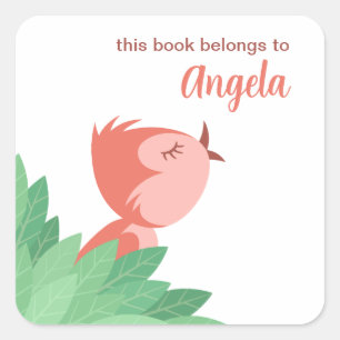 Back to School Bookplate Cute Bird Chick Girly Square Sticker