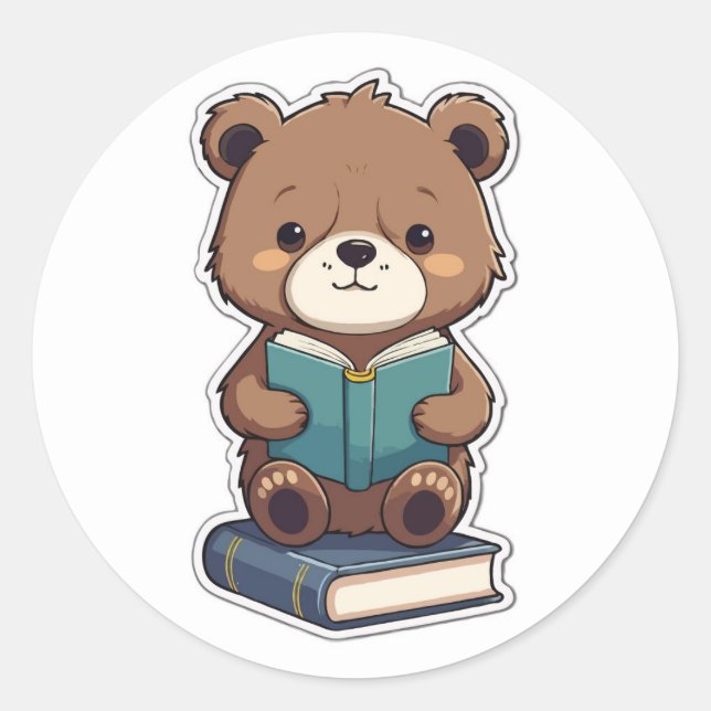 Back to School - Bookworm Bear Reading a Book Classic Round Sticker (Front)