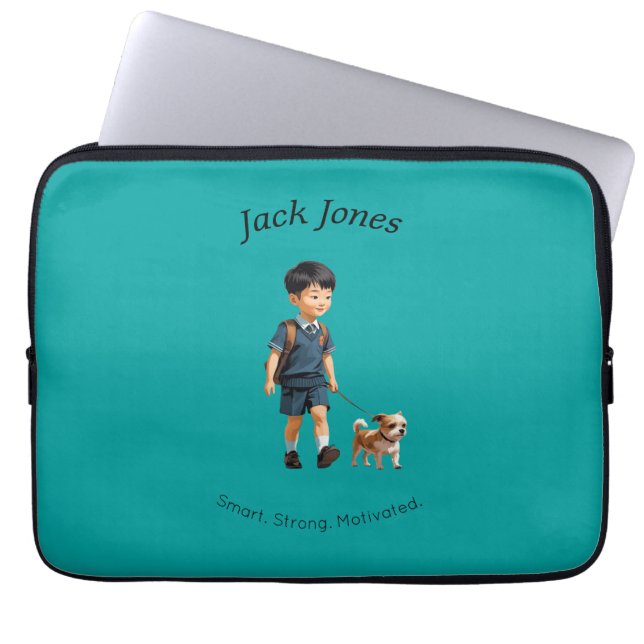 Back to School Boy & Dog Custom Water Bottle Laptop Sleeve (Front)