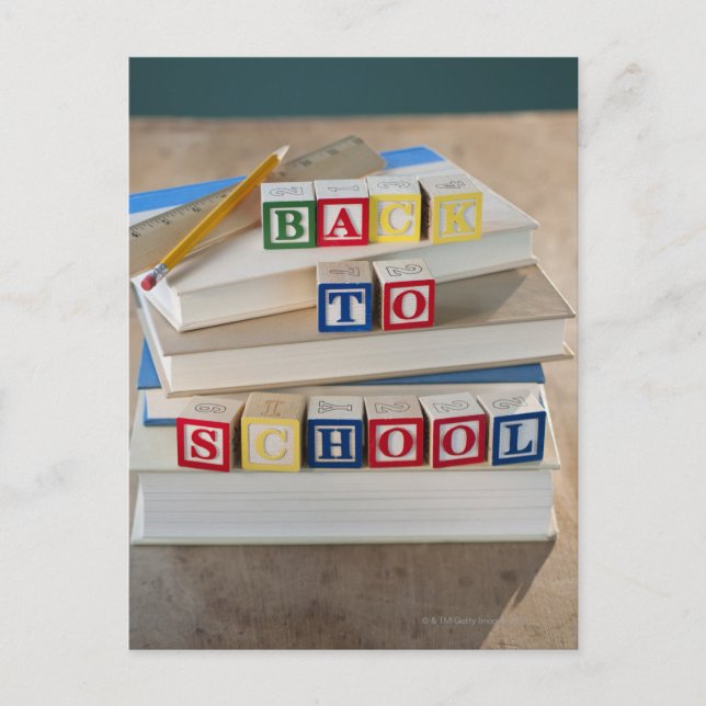 Back to school building blocks on stacked books postcard (Front)
