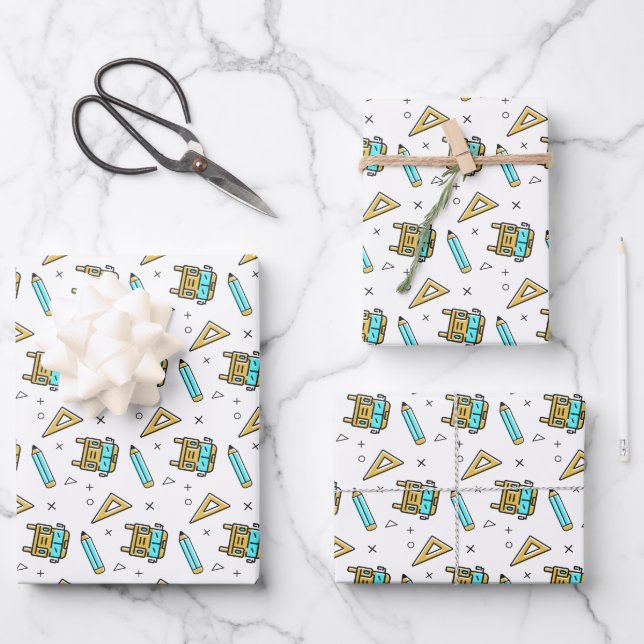 Back to School Bus & Supplies Pattern Wrapping Paper Sheet (Front)