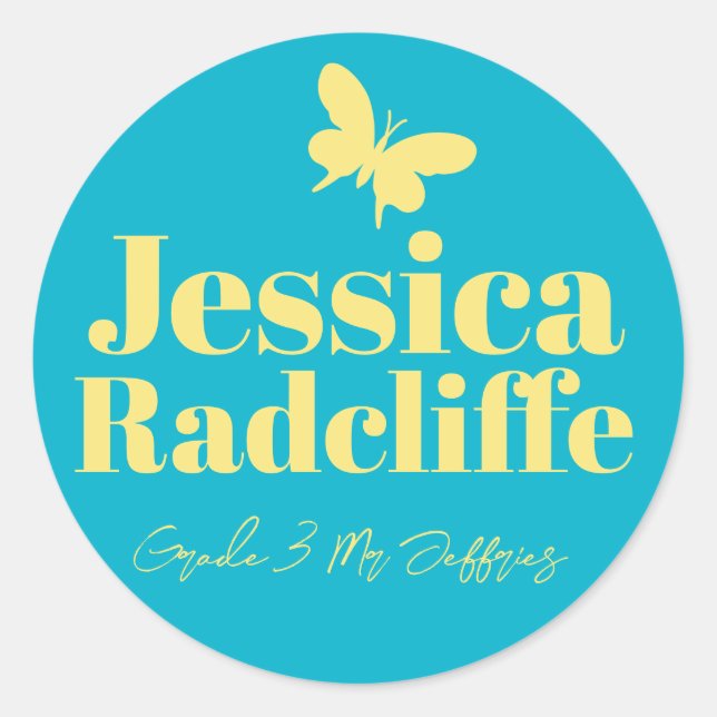 Back to school butterfly yellow aqua name id classic round sticker (Front)