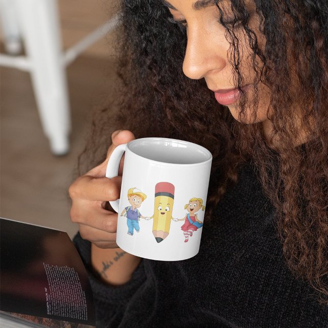 Back to School Cartoon Happy Pencil and Kids  Coffee Mug (Creator Uploaded)
