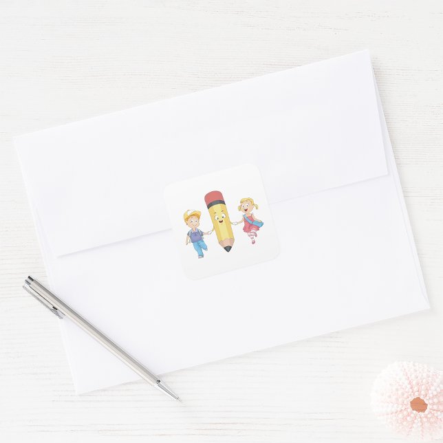Back to School Cartoon Happy Pencil and Kids  Square Sticker (Creator Uploaded)