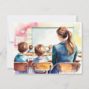 Back to school children with teacher postcard