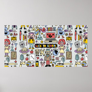 Back to school colorful doodle set. Vintage illust Poster