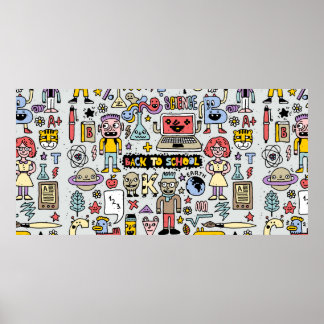 Back to school colorful doodle set. Vintage illust Poster