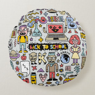 Back to school colorful doodle set. Vintage illust Round Cushion