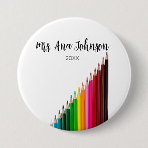 Back to school colour pencils add name class year 7.5 cm round badge